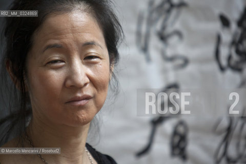 Festival of Literatures, Rome 2012. Japanese-American writer Julie Otsuka in front of some works by Chinese master calligrapher Xiao Yunru shown at Casa delle Letterature / Festival Letterature, Roma 2012. La scrittrice Julie Otsuka davanti ad alcune opere del calligrafo cinese Xiao Yunru esposte nella Casa delle Letterature - ©Marcello Mencarini/Rosebud2