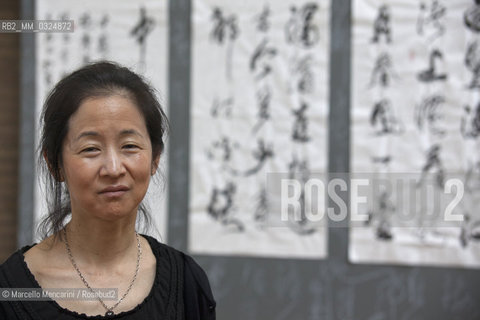 Festival of Literatures, Rome 2012. Japanese-American writer Julie Otsuka in front of some works by Chinese master calligrapher Xiao Yunru shown at Casa delle Letterature / Festival Letterature, Roma 2012. La scrittrice Julie Otsuka davanti ad alcune opere del calligrafo cinese Xiao Yunru esposte nella Casa delle Letterature - ©Marcello Mencarini/Rosebud2