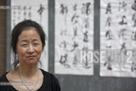 Festival of Literatures, Rome 2012. Japanese-American writer Julie Otsuka in front of some works by Chinese master calligrapher Xiao Yunru shown at Casa delle Letterature / Festival Letterature, Roma 2012. La scrittrice Julie Otsuka davanti ad alcune opere del calligrafo cinese Xiao Yunru esposte nella Casa delle Letterature - ©Marcello Mencarini/Rosebud2