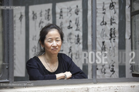 Festival of Literatures, Rome 2012. Japanese-American writer Julie Otsuka in front of some works by Chinese master calligrapher Xiao Yunru shown at Casa delle Letterature / Festival Letterature, Roma 2012. La scrittrice Julie Otsuka davanti ad alcune opere del calligrafo cinese Xiao Yunru esposte nella Casa delle Letterature - ©Marcello Mencarini/Rosebud2