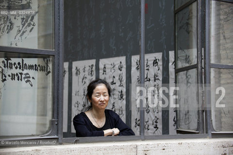 Festival of Literatures, Rome 2012. Japanese-American writer Julie Otsuka in front of some works by Chinese master calligrapher Xiao Yunru shown at Casa delle Letterature / Festival Letterature, Roma 2012. La scrittrice Julie Otsuka davanti ad alcune opere del calligrafo cinese Xiao Yunru esposte nella Casa delle Letterature - ©Marcello Mencarini/Rosebud2