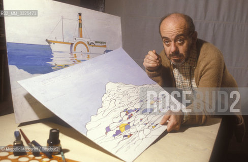 Rome, about 1980. Italian composer Francesco Pennisi showing a design for stage set made by himself / Roma, 1980 circa. il compositore Francesco Pennisi mostra un disegno fatto da lui per una scenografia - ©Marcello Mencarini/Rosebud2