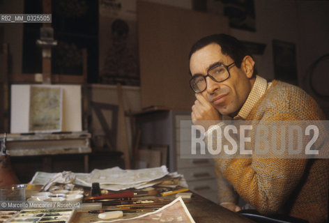 Milan, 1980. Italian cartoonist, caricaturist and illustrator Tullio Pericoli in his studio / Milano, 1980. Il disegnatore Tullio Pericoli nel suo studio - ©Marcello Mencarini/Rosebud2