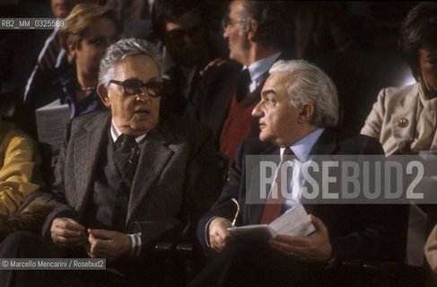 Rome, 1979. Italian composer Goffredo Petrassi with politician Antonio Ruberti among the audience to attend a concert of his music at La Sapienza University on the occasion of his birthday / Roma, 1979. Il compositore Goffredo Petrassi con il politico Antonio Ruberti tra il pubblico per lassistere allesecuzione di sue musiche allUniversità La Sapienza  in occasione del suo compleanno - ©Marcello Mencarini/Rosebud2