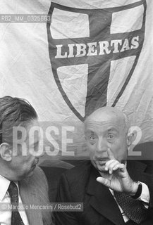 Modena, 1979. Politicians Flaminio Piccoli and Amintore Fanfani, members of the Italian Christian Democracy Party, at the Festa dellAmicizia (Friendship Festival), the annual meeting of their party / Modena, 1979. I politici democristiani Flaminio Piccoli e Amintore Fanfani alla Festa dellAmicizia, raduno annuale del loro partito - ©Marcello Mencarini/Rosebud2