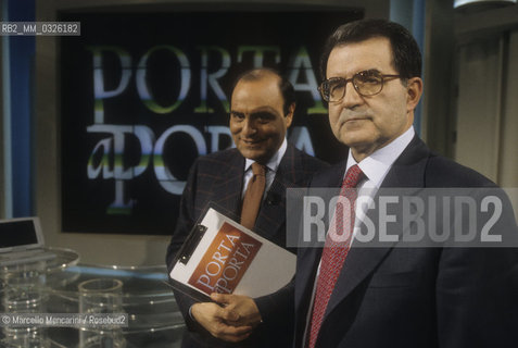 Italian journalist Bruno Vespa and politician Romano prodi at TV program Porta a Porta, 1996 / Il giornalista Bruno Vespa e il politico Romano Prodi alla trasmissione televisiva Porta a porta, 1996 - ©Marcello Mencarini/Rosebud2