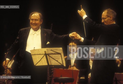 Venice, 1996. French flutist Jean Pierre Rampal and Italian conductor Claudio Scimone / Venezia, 1996. Il flautista Jean Pierre Rampal e il direttore dorchestra Claudio Scimone - ©Marcello Mencarini/Rosebud2