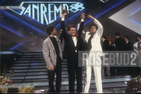 Sanremo Music Festival 1988. Italian pop singers Luca Barbarossa, Massimo Ranieri and Toto Cutugno, respectively the third, first and second place / Festival di Sanremo 1988. Luca Barbarossa, Massimo Ranieri e Toto Cutugno, rispettivamente terzo, primo e secondo classificato - ©Marcello Mencarini/Rosebud2