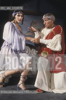 Ancient Ostia (Rome), Teatro Romano, July 1984. Italian actors Tiziana Bagatella and Renato Rascel and Giuditta Saltarini in Plautus Casina / Ostia Antica (Roma), Teatro Romano, luglio 1984. Gli attori Tiziana Bagatella e Renato Rascel in Casina di Tito Maccio Plauto - ©Marcello Mencarini/Rosebud2