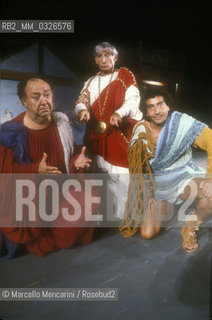 Ancient Ostia (Rome), Teatro Romano, July 1984. Italian actors Franco Angrisano, Renato Rascel and Lollo Franco in Plautus Casina / Ostia Antica (Roma), Teatro Romano, luglio 1984. Gli attori Franco Angrisano, Renato Rascelò e Lollo Franco in Casina di Tito Maccio Plauto - ©Marcello Mencarini/Rosebud2