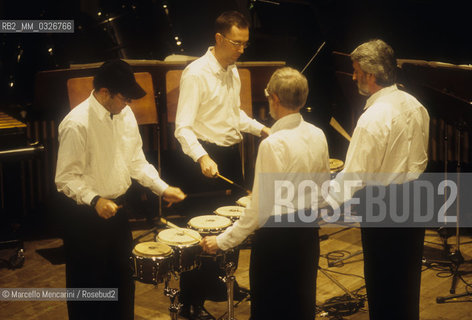 Mestre (Venice), Toniolo Theater, 1998. American composer Steve Reich and The Musicians performing  Different Trains / Mestre (Venezia), Teatro Toniolo, 1998. Il compositore Steve Reich e i Musicians eseguono Different Trains - ©Marcello Mencarini/Rosebud2