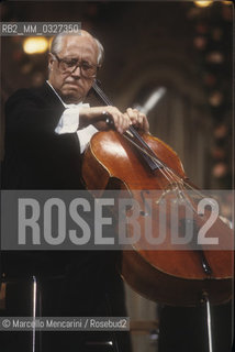 Venice, La Fenice Theater, 1984.  Russian conductor and cellist Mstislav Rostropovich playing the cello / Venezia, Teatro La Fenice, 1984. Il violoncellista e direttore dorchestra Mstislav Rostropovich mentre suona il violoncello - ©Marcello Mencarini/Rosebud2