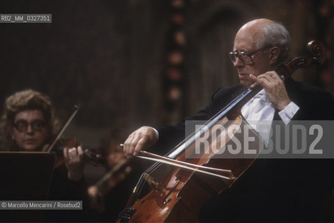 Venice, La Fenice Theater, 1984.  Russian conductor and cellist Mstislav Rostropovich playing the cello / Venezia, Teatro La Fenice, 1984. Il violoncellista e direttore dorchestra Mstislav Rostropovich mentre suona il violoncello - ©Marcello Mencarini/Rosebud2