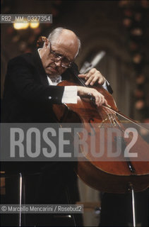 Venice, La Fenice Theater, 1984.  Russian conductor and cellist Mstislav Rostropovich playing the cello / Venezia, Teatro La Fenice, 1984. Il violoncellista e direttore dorchestra Mstislav Rostropovich mentre suona il violoncello - ©Marcello Mencarini/Rosebud2