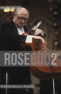 Venice, La Fenice Theater, 1984.  Russian conductor and cellist Mstislav Rostropovich playing the cello / Venezia, Teatro La Fenice, 1984. Il violoncellista e direttore dorchestra Mstislav Rostropovich mentre suona il violoncello - ©Marcello Mencarini/Rosebud2