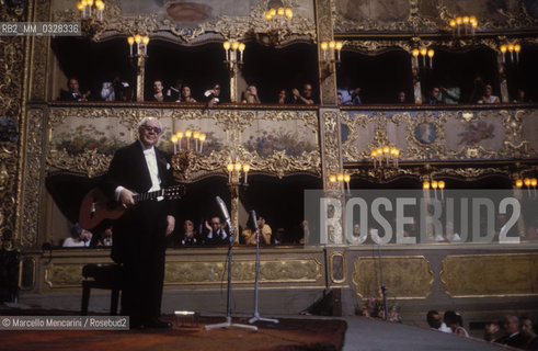 Venice, La Fenice Theater, 1980. Classical guitarist Andrés Segovia performing at his concert for receiving the A Life for Music award / Venezia, Teatro La Fenice, 1980. Il chitarrista classico Andrés Segovia durante il suo concerto in occasione del premio Una vita per la musica a lui attribuito - ©Marcello Mencarini/Rosebud2