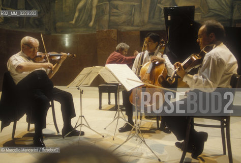 Rome, 1995. Violinist Isaac Stern, pianist Emanuel Ax, cellist Yo Yo Ma and viola player Jaime Eduardo Laredo / Roma, 1995. Il violinista Isaac Stern, il pianista Emanuel Ax, il violoncellista Yo Yo Ma e il violista Jaime Eduardo Laredo - ©Marcello Mencarini/Rosebud2