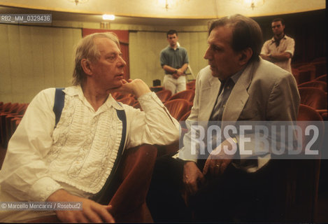 Venice, Goldoni Thater, 1995. German composer Karlheinz Stockhausen and Italian musicologist Mario Messinis during a rehearsal / Venezia, Teatro Goldoni, 1995. Il compositore Karlheinz Stockhausen e il musicologo Mario Messinis durante una prova - ©Marcello Mencarini/Rosebud2