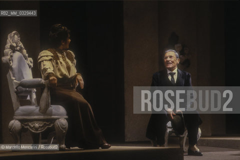 Rome, Eliseo Theater, 1984. Actors Miriam Crotti and Paolo Stoppa in Il berretto a sonagli (The cap and bells) by Luigi Pirandello, directed by Luigi Squarzina / Roma, Teatro Eliseo, 1984. Gli attori Miriam Crotti e Paolo Stoppa in Il berretto a sonagli di Luigi Pirandello, diretto da Luigi Squarzina - ©Marcello Mencarini/Rosebud2