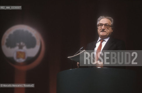 Italian politician Aldo Tortorella at the XXth Rimini congress in February 1991, when the Italian Communist Party changed its name to the Democratic Party of the Left (PDS) / Rimini, 1991. Il politico Aldo Tortorella al XX° Congresso del Partito Comunista Italiano, quando il PCI ha cambiato nome diventando Partito Democratico della Sinistra (PDS) - ©Marcello Mencarini/Rosebud2