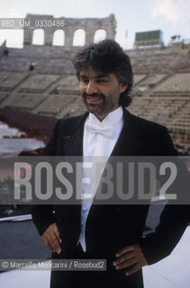 Verona Arena, summer 1999. Tenor Andrea Bocelli before performing in The Merry Widow by Franz Lerhar, directed by Beni Montresor / Arena di Verona, estate 1999. Il tenore Andrea Bocelli prima di esibirsi in La vedova allegra di Franz Lehar, con la regia di Beni Montresor - ©Marcello Mencarini/Rosebud2