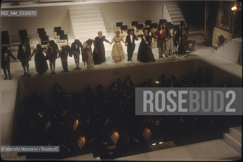 Pesaro, August 18, 1984. Rossini Opera Festival. Staging of Il viaggio a Reims (The Jorney to Reims) by Gioacchino Rossini. This is the first performance of that opera, staged by Luca Ronconi and conducted by Claudio Abbado, after the reconstruction of its manuscript, assumed lost, in the 1970s / Pesaro, 18 agosto 1984. Rossini Opera Festival. Messa in scena de Il viaggio a Reims di Gioacchino Rossini. E la prima rappresentazione dellopera, con la regia di Luca Ronconi e la direzione dorchestra di Claudio Abbado, dopo il ritrovamento e la ricomposizione negli anni 70 del suo manoscritto che si credeva perduto - ©Marcello Mencarini/Rosebud2