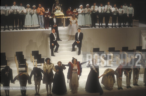 Pesaro, August 18, 1984. Rossini Opera Festival. Staging of Il viaggio a Reims (The Jorney to Reims) by Gioacchino Rossini. This is the first performance of that opera, staged by Luca Ronconi and conducted by Claudio Abbado, after the reconstruction of its manuscript, assumed lost, in the 1970s / Pesaro, 18 agosto 1984. Rossini Opera Festival. Messa in scena de Il viaggio a Reims di Gioacchino Rossini. E la prima rappresentazione dellopera, con la regia di Luca Ronconi e la direzione dorchestra di Claudio Abbado, dopo il ritrovamento e la ricomposizione negli anni 70 del suo manoscritto che si credeva perduto - ©Marcello Mencarini/Rosebud2