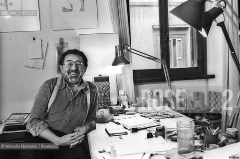 Rome, 1980. Italian cartoonist Pino Zac (real name Giuseppe Zaccaria) in his studio / Roma, 1980. Il disegnatore Pino Zac nel suo studio -
 ©Marcello Mencarini/Rosebud2