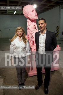 Beatrice Trussardi (President and CEO of the Trussardi Group and President of the Nicola Trussardi Foundation) and Massimiliano Gioni (curator at the New Museum in New York and director of the Nicola Trussardi Foundation) in front of Static (Pink) by Paul McCarthy at Pig Island , the first major solo show in an Italian institution by the American artist Paul McCarthy. Fondazione Nicola Trussardi, Palazzo Citterio, Via Brera 14, Milan. May-July, 2010 / Beatrice Trussardi (Presidente e CEO del Gruppo Trussardi e Presidente della Fondazione Nicola Trussardi) con Massimiliano Gioni (curatore presso il New Museum di new York a direttore della Fondazione Nicola Trussardi) davanti allopera Static (Pink) di Paul McCarthy, esposta a Pig Island, la prima personale dedicata allartista americano da una istituzione italiana.  Fondazione Nicola Trussardi, Palazzo Citterio, Via Brera 14, Milano. maggio-luglio 2010 - ©Marcello Mencarini/Rosebud2