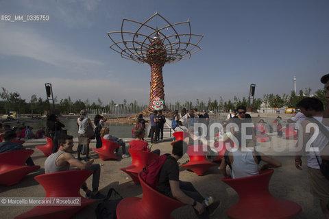 Milan Expo 2015. The Tree of Life designed by Marco Balich as symbol of the event. It is is a wood and steel scenic machine that will offer 1.200 light shows during the 6 months of Expo / Expo Milano 2015. LAlbero della vita progettato da Marco Balich, una struttura in legno e acciaio simbolo dellevento che durante i 6 mesi dellExpo produrrà 1200 show con effetti di luce - ©Marcello Mencarini/Rosebud2