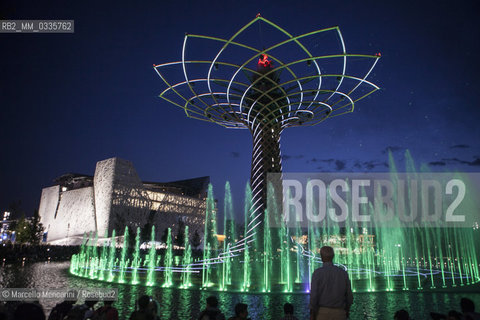 Milan Expo 2015. The Tree of Life designed by Marco Balich as symbol of the event. It is is a wood and steel scenic machine that will offer 1.200 light shows during the 6 months of Expo / Expo Milano 2015. LAlbero della vita progettato da Marco Balich, una struttura in legno e acciaio simbolo dellevento che durante i 6 mesi dellExpo produrrà 1200 show con effetti di luce - ©Marcello Mencarini/Rosebud2