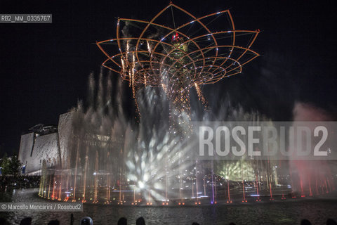 Milan Expo 2015. The Tree of Life designed by Marco Balich as symbol of the event. It is is a wood and steel scenic machine that will offer 1.200 light shows during the 6 months of Expo / Expo Milano 2015. LAlbero della vita progettato da Marco Balich, una struttura in legno e acciaio simbolo dellevento che durante i 6 mesi dellExpo produrrà 1200 show con effetti di luce - ©Marcello Mencarini/Rosebud2