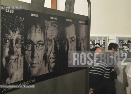 Perpignan, France, 2015. Visa pour limage, International Festival of Photojournalism: : From Hara-Kiri to Charlie,  exhibition by Arnaud Baumann and Xavier Lambours about the history of magazine Charlie Hebdo. In the middle,  a large panel with portraits of designers killed in the Dec. 7, 2015 in Paris: Charb, Cabu, Wolinski, Tignous and Honoré  / Perpignan, Francia, 2015. Visa pour limage, Festival internazionale del fotogiornalismo: Da Hara-Kiri a Charlie, mostra di Arnaud Baumann e Xavier Lambours sulla storia della rivista Charlie Hebdo. Al centro, un grande pannello con i ritratti dei disegnatori uccisi nellattentato del 7 dicembre 2015 a Parigi: Charb, Cabu, Wolinski, Tignous e Honoré - ©Marcello Mencarini/Rosebud2