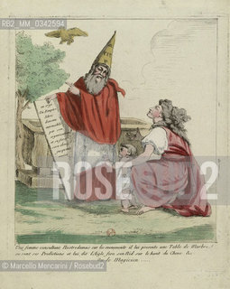 Una donna consulta Nostradamus  (Michel de Nostredame, 1503-1566), che regge una tavola delle sue Predizioni (stampa del 1789)  /  A woman consults Nostradamus  (Michel de Nostredame, 1503-1566), that holds a marble plate with his predictions (printing of 1789) - Marcello Mencarini Historical Archives
 ©Marcello Mencarini/Rosebud2