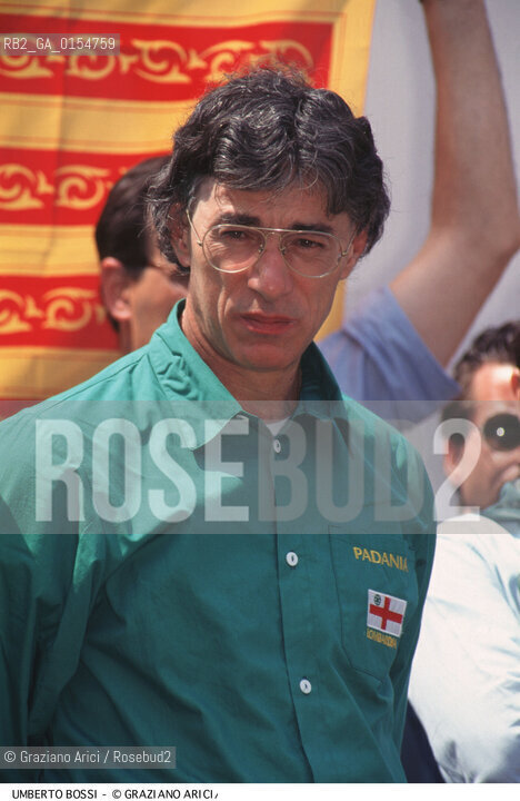 Venezia,1997.Il politico leader e fondatore della Lega Nord Umberto Bossi durante il comizio della Lega Nord. Politica politico Lega Nord ritratto comizio incontro camicia verde Segretario partito.Venice,1997.The politician Umberto Bossi, leader of the Lega Nord Party ©Graziano Arici/Rosebud2