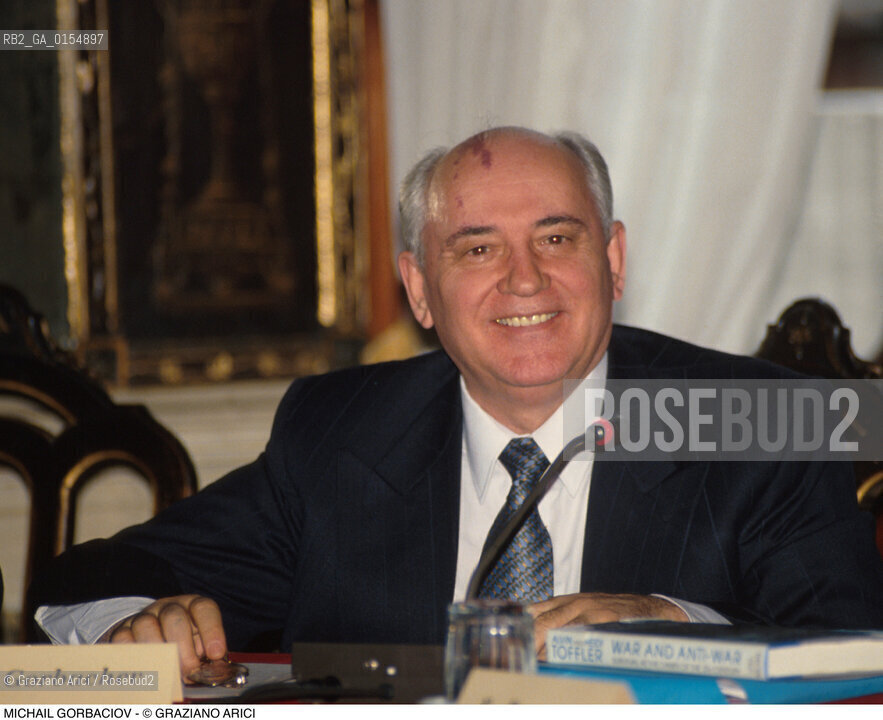 Venezia,1990. Ritratto dellex presidente URSS e Premio Nobel per la pace Michail Gorbaciov in visita a Venezia. Politica Urss Premio Nobel presidente ritratto.Venice,1990. Portrait of the Politician and Nobel Peace Prize Michail Gorbaciov during the visit in Venice ©Graziano Arici/Rosebud2