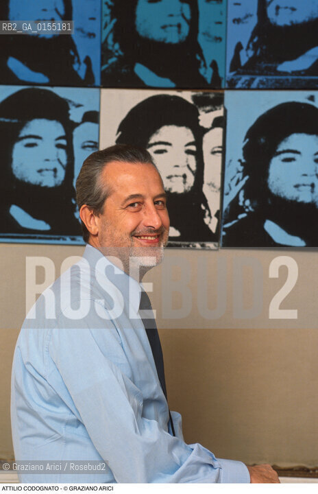 Venezia,1996.Ritratto di Attilio Codognato, collezionista e critico darte in casa sua vicino ad unopera di Andy Warhol. Arte critico art opera.Venice,1996.Portrait of the critic and art collector Attilio Codognato at home near a work of Andy Warhol ©Graziano Arici/Rosebud2