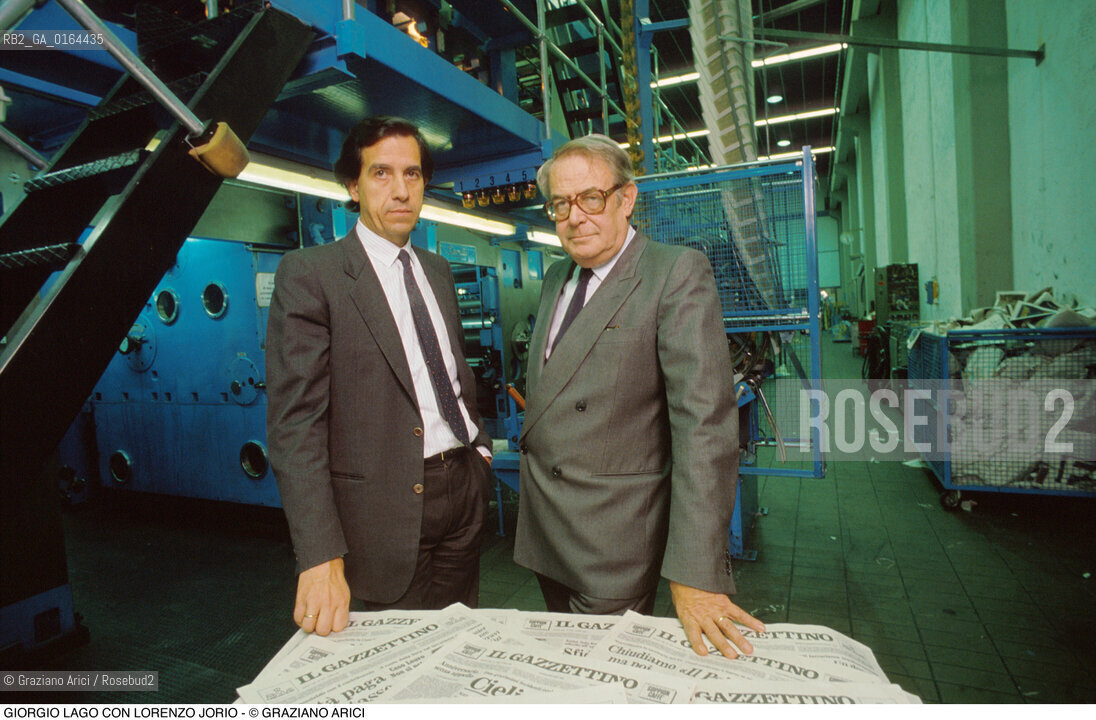 Caption: Nome: .LAGO GIORGIO.Descrizione: .GIORNALISTA DIRETTORE DEL QUOTIDIANO (GIORNALE) IL GAZZETTINO (1984-96) / CON LAMMINISTRATORE DELEGATO DE IL GAZZETTINO LORENZO JORIO / TIPORGAFIA.JOURNALIST DIRECTOR OF NEWSPAPER IL GAZZETTINO (1984-96) / WITH LORENZO JORIO.Credit: ©Graziano Arici/Rosebud2 / Costo: .A.Nazione: .ITALIA.ITALY.Cittˆ: ..Data: .1995