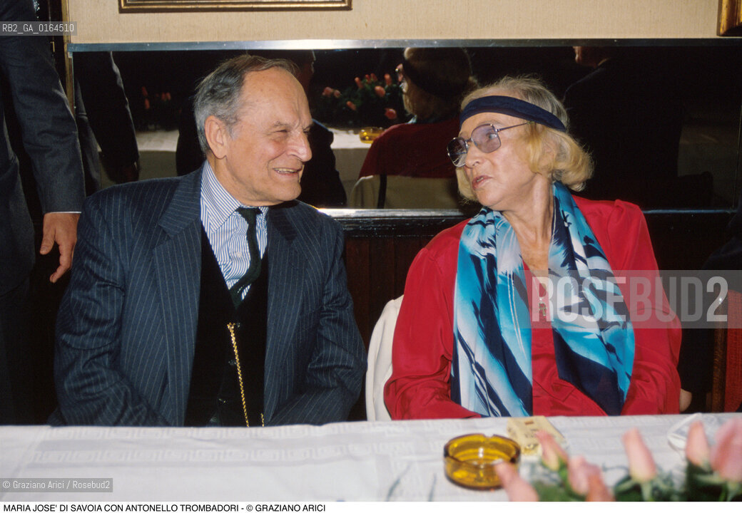 Caption: Nome: .MARIA JOSE DI SAVOIA.Descrizione: .EX REGINA DITALIA MOGLIE DI UMBERTO I DI SAVOIA /  CON IL POLITICO PARTIGIANO PCI (PARTITO COMUNISTA ITALIANO) E CRITICO DARTE ANTONELLO TROMBADORI.EX QUEEN OF ITALY WIFE OF UMBERTO I OF SAVOIA / WITH ANTONELLO TROMBADORI POLITICAL PARTISAN PCI (ITALIAN COMMUNIST PARTY) AND ART CRITIC.Credit: ©Graziano Arici/Rosebud2 / Costo: .A.Nazione: .BELGIO.BELGIUM.Cittˆ: ..Data: .1987