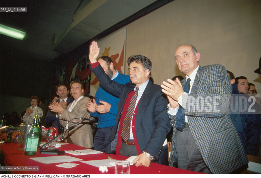 Caption: Nome: .OCCHETTO ACHILLE.Descrizione: .POLITICO SEGRETARIO DEL PARTITO COMUNISTA ITALIANO (1988-1991) SEGRETARIO DEL PDS - PARTITO DEMOCRATICO DELLA SINISTRA - (1991-1994) / CON GIANNI PELLICANI / COMIZIO.POLITICAL SECRETARY OF ITALIAN COMMUNIST PARTY  (1988-1991)  SECRETARY OF PDS (1991-1994) / WITH GIANNI PELLICANI / MEETING.Credit: ©Graziano Arici/Rosebud2 / Costo: .A.Nazione: .ITALIA.ITALY.Cittˆ: ..Data: .1990
