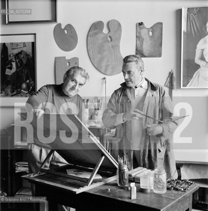 THE PAINTER GREGORIO SCILTIAN WITH THE OPERA SINGER MARIO DEL MONACO AT HIS STUDIO IN VENICE - 1961 - © ARCHIVIO Graziano Arici/Rosebud2  / ARTE / PITTORE / MUSICA / CANTANTE LIRICO