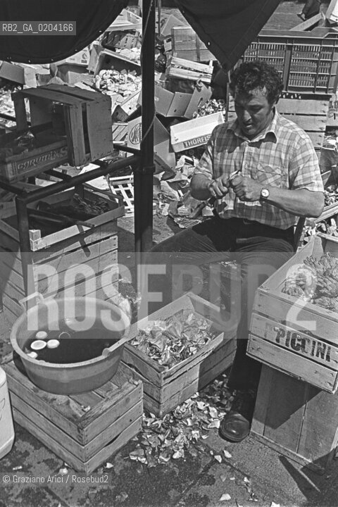 VENEZIA 1978 VENDITORE DI VERDURA CHE PULISCE CARCIOFI © ARCHIVIO Graziano Arici/Rosebud2  MERCATO VERDURA ORTOFRUTTICOLO IN BARCONE PULITURA CARCIOFI