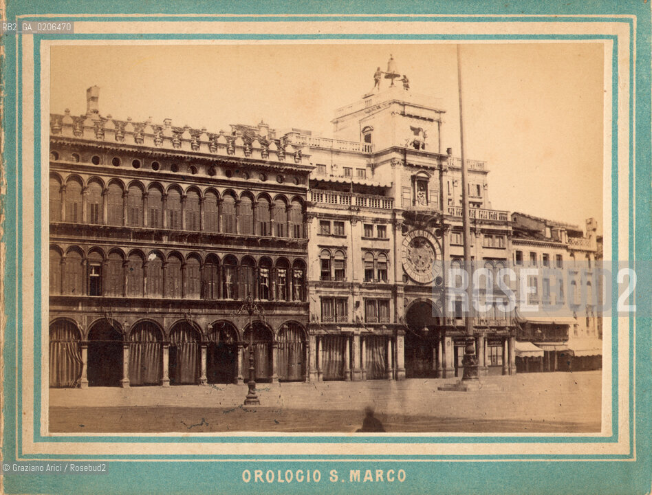 -VENEZIA, EDIZIONI TESTOLINI, TORRE DELLOROLOGIO, SENZA DATA. STAMPA ALLALBUMINA INCOLLATA SU CARTONE CONTENUTA NELLALBUM A SOFFIETTO RICORDO DI VENEZIA, CM 15,3X11,7  ©ARCHIVIO Graziano Arici/Rosebud2  FOTOANTICHE.-VENICE, EDIZIONI TESTOLINI, TORRE DELLOROLOGIO, UNDATED. ALBUMEN PHOTOGRAPH MOUNTED ON CARDBOARD IN THE ALBUM RICORDO DI VENEZIA, CM 15,3X11,7 ©Graziano Arici / rosebud2