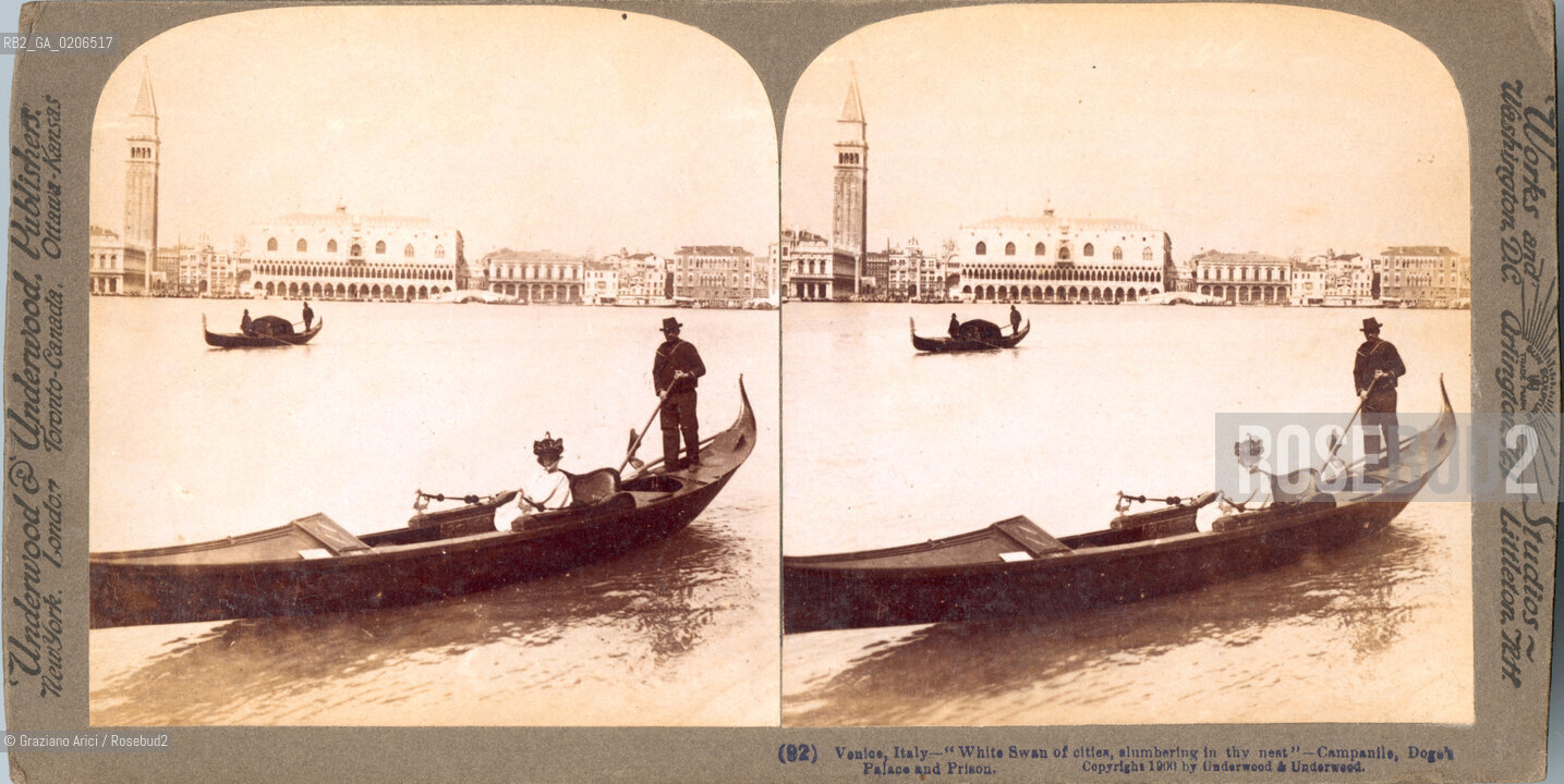 -VENEZIA, UNDERWOOD & UNDERWOOD PUBBLISHERS WORKS AND STUDIOS - WASHINGTON D.C. - ARLINGTON - LITTLETON, BACINO S. MARCO, 1900 C.A. POSITIVO ALLALBUMINA MONTATO SU CARTONE, FOTOGRAFIA STEREOSCOPICA, CM 17,3X8,9  ©ARCHIVIO Graziano Arici/Rosebud2   GONDOLA. FOTOANTICHE.-VENICE, UNDERWOOD & UNDERWOOD PUBBLISHERS WORKS AND STUDIOS - WASHINGTON D.C. - ARLINGTON - LITTLETON, BACINO S. MARCO, 1900 C.A. ALBUMEN POSITIVE MOUNTED ON CARDBOARD, STEREOSCOPICAL PHOTOGRAPH CM 17,3X8,9 ©Graziano Arici / rosebud2 .