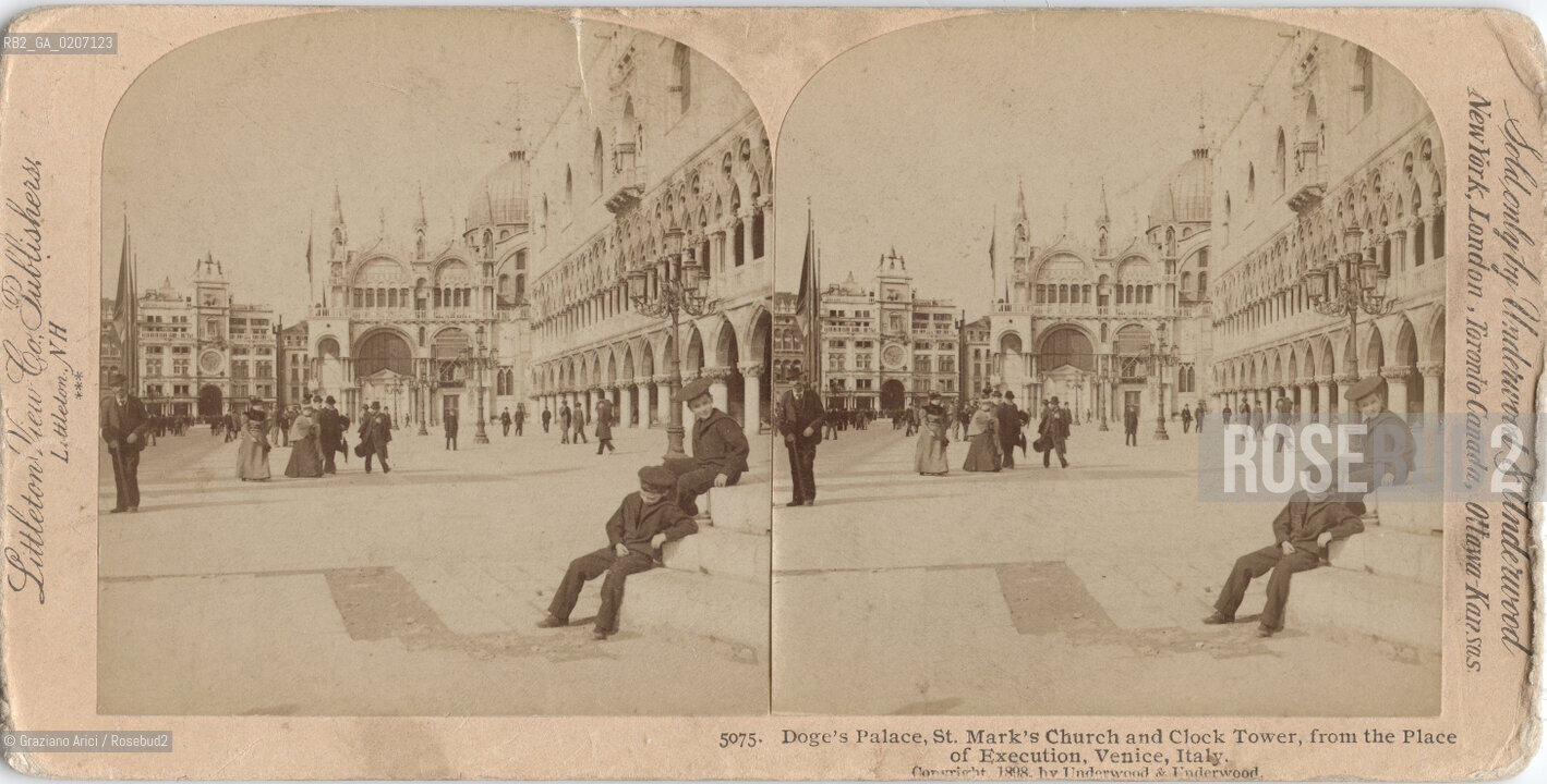 -VENEZIA, LITTLETON VIEW PUBBLISHERS SOLD ONLY BY UNDERWOOD & UNDERWOOD, DOGES PALACE, ST.MARKS CHURCH AND CLOCK TOWER FROM THE PLACE OF EXECUTION, 1898 C.A. POSITIVO ALLALBUMINA MONTATO SU CARTONE, FOTOGRAFIA STEREOSCOPICA, CM 17,9X8,9  ©ARCHIVIO Graziano Arici/Rosebud2   PALAZZO DUCALE,  BASILICA DI S. MARCO E TORRE DELLOROLOGIO. FOTOANTICHE.-VENICE, LITTLETON VIEW PUBBLISHERS SOLD ONLY BY UNDERWOOD & UNDERWOOD, DOGES PALACE, ST.MARKS CHURCH AND CLOCK TOWER FROM THE PLACE OF EXECUTION, 1898 C.A. ALBUMEN POSITIVE MOUNTED ON CARDBOARD, STEREOSCOPICAL PHOTOGRAPH CM 17,9X8,9 ©Graziano Arici / rosebud2