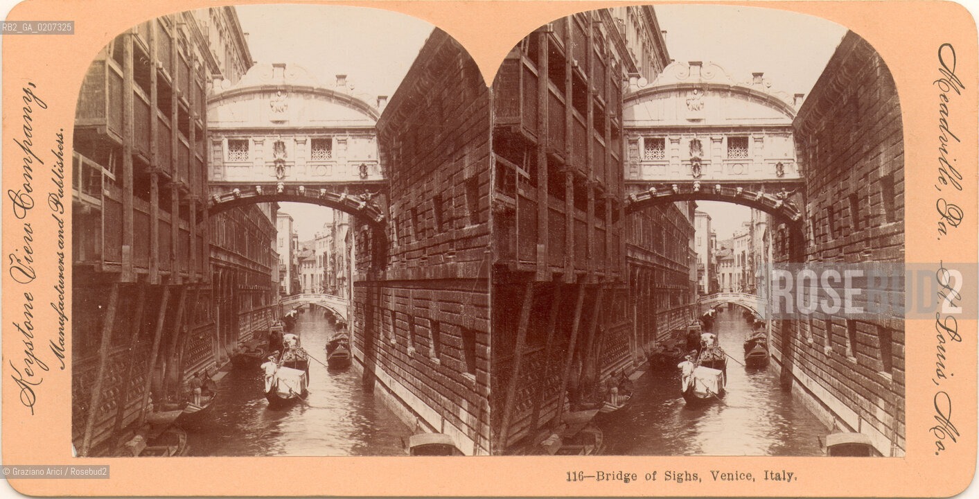 -VENEZIA, KEYSTONE VIEW COMPANY MANUFACTURERS AND PUBLISHERS MEADVILLE PA. ST. LOUISE MO, PONTE DEI SOSPIRI, SENZA DATA. POSITIVO ALLALBUMINA MONTATO SU CARTONE, FOTOGRAFIA STEREOSCOPICA, CM 17,9X8,9  ©ARCHIVIO Graziano Arici/Rosebud2   FOTOANTICHE.-VENICE, KEYSTONE VIEW COMPANY MANUFACTURERS AND PUBLISHERS MEADVILLE PA. ST. LOUISE MO, PONTE DEI SOSPIRI, UNDATED. ALBUMEN POSITIVE MOUNTED ON CARDBOARD, STEREOSCOPICAL PHOTOGRAPH CM 17,9X8,9 ©Graziano Arici / rosebud2