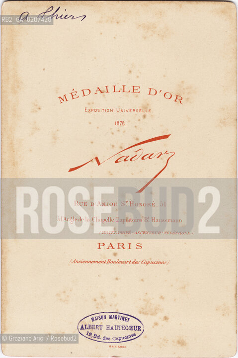 -PARIGI, NADAR - RUE DANJOU 51, RITRATTO DI LOUIS ADOLPHE THIERS (RETRO), 1871. STAMPA ALLALBUMINA INCOLLATA SU CARTONE, CARTE DE VISITE, CM 10,7X16,3  ©ARCHIVIO Graziano Arici/Rosebud2  POLITICO E STORICO, COMUNE DI PARIGI, FOTOANTICHE.-PARIS, NADAR - RUE DANJOU 51, PORTRAIT LOUIS ADOLPHE THIERS, 1871. ALBUMEN PHOTOGRAPH MOUNTED ON CARDBOARD, CARTE DE VISITE CM 10,7X16,3 ©Graziano Arici / rosebud2