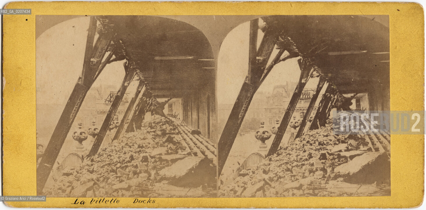 -PARIGI, SENZA INDICAZIONE DAUTORE, LA VILLETTE, 1871. STAMPA ALLALBUMINA INCOLLATA SU CARTONE, FOTOGRAFIA STEREOSCOPICA, CM 17,5X6,9  ©ARCHIVIO Graziano Arici/Rosebud2  ROVINE, COMUNE DI PARIGI, FOTOANTICHE.-PARIS, NO AUTHORS INDICATION, LA VILLETTE, 1871. ALBUMEN PHOTOGRAPH MOUNTED ON CARDBOARD, STEREOSCOPICAL PHOTOGRAPH, CM 17,5X6,9 ©Graziano Arici / rosebud2