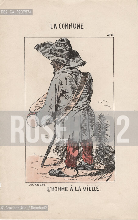 -KLENCK, PAUL. COLLEZIONE DI SESSANTA CARICATURE LA COMMUNE LHOMME A LA VIELLE (11), PARIGI, SENZA INDICAZIONE DI EDITORE E DATA DI PUBBLICAZIONE, STAMPA COLORATA A MANO, CM 18X27,3 ©ARCHIVIO Graziano Arici/Rosebud2  COMUNE DI PARIGI FOTOANTICHE.-KLENCK, PAUL.  COLLECTION OF SIXTY CARICATURES LA COMMUNE LHOMME A LA VIELLE (11), PARIS, WITHOUT EDITEURS INDICATION AND DATE OF PUBBLICATION, HAND COLORED PRINT,  CM 18X27,3 ©Graziano Arici / rosebud2