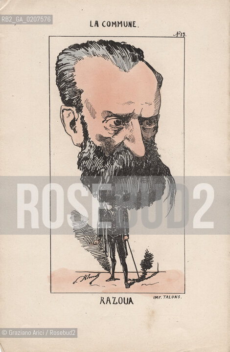 -KLENCK, PAUL. COLLEZIONE DI SESSANTA CARICATURE LA COMMUNE RAZOUA (13), PARIGI, SENZA INDICAZIONE DI EDITORE E DATA DI PUBBLICAZIONE, STAMPA COLORATA A MANO, CM 18X27,3 ©ARCHIVIO Graziano Arici/Rosebud2  COMUNE DI PARIGI FOTOANTICHE.-KLENCK, PAUL.  COLLECTION OF SIXTY CARICATURES LA COMMUNE RAZOUA (13), PARIS, WITHOUT EDITEURS INDICATION AND DATE OF PUBBLICATION, HAND COLORED PRINT,  CM 18X27,3 ©Graziano Arici / rosebud2